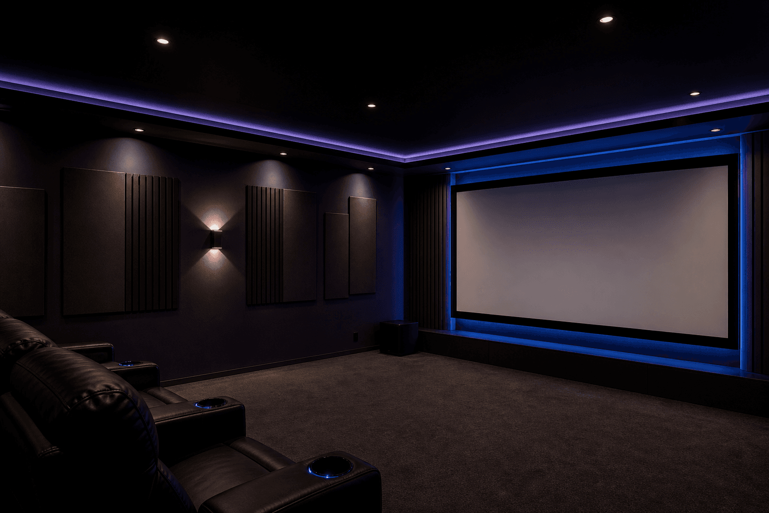 A dark home theatre room part-treated with acoustic panels while being planned