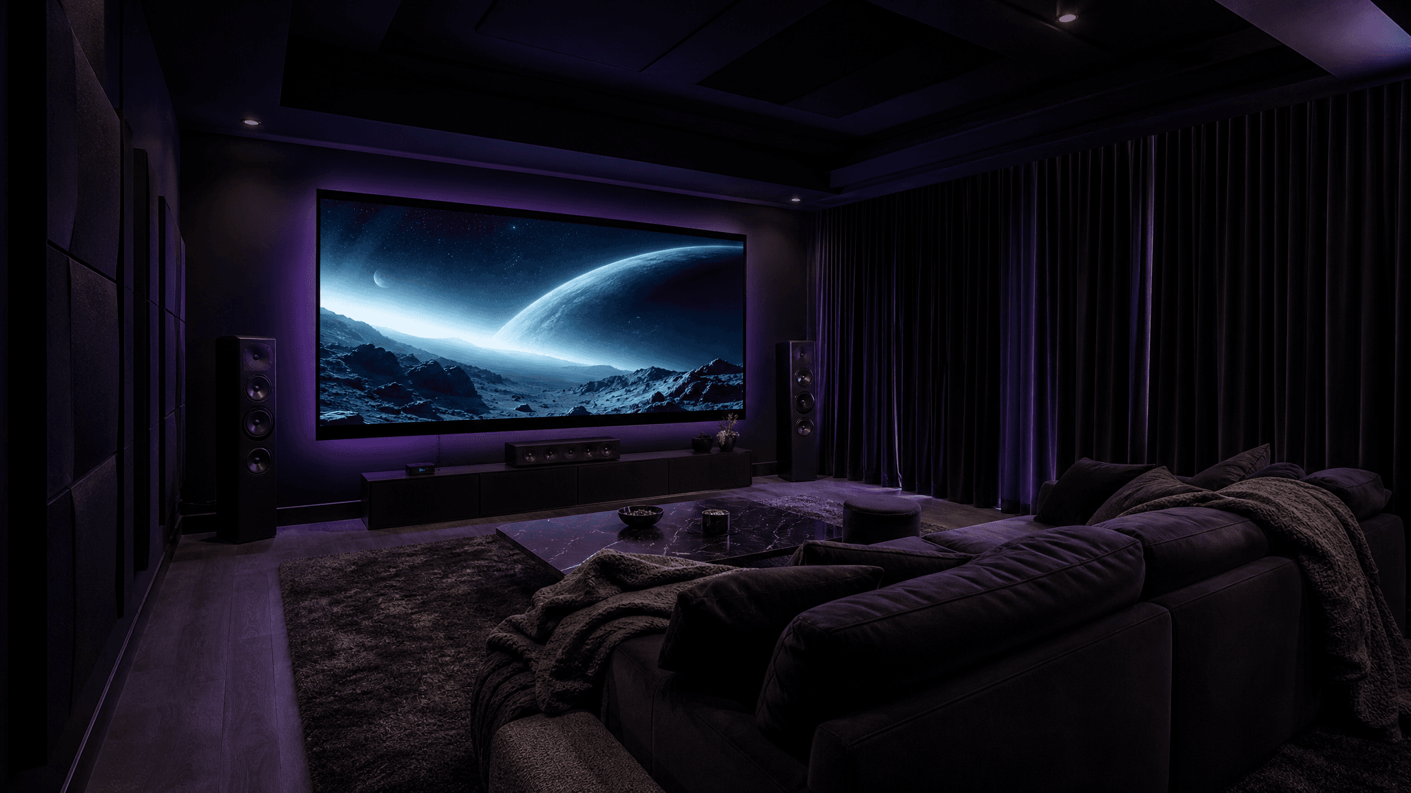 A living room turned into a dark home cinema with acoustic panels, a glowing projector screen and blackout curtains
