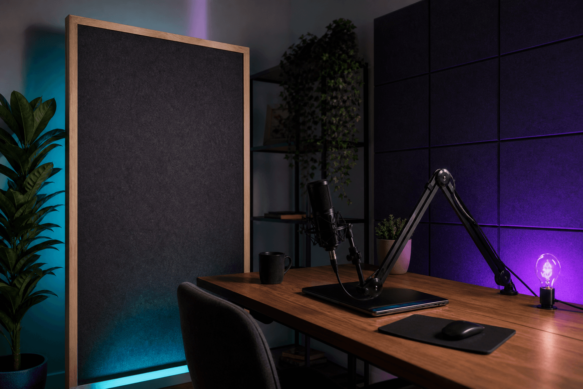 A treated recording corner with a freestanding acoustic panel